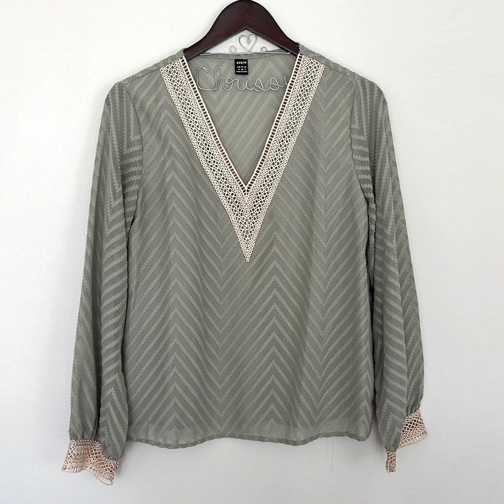 SHEIN Clasi Chevron Textured Guipure Lace Insert Lantern Sleeve Blouse
